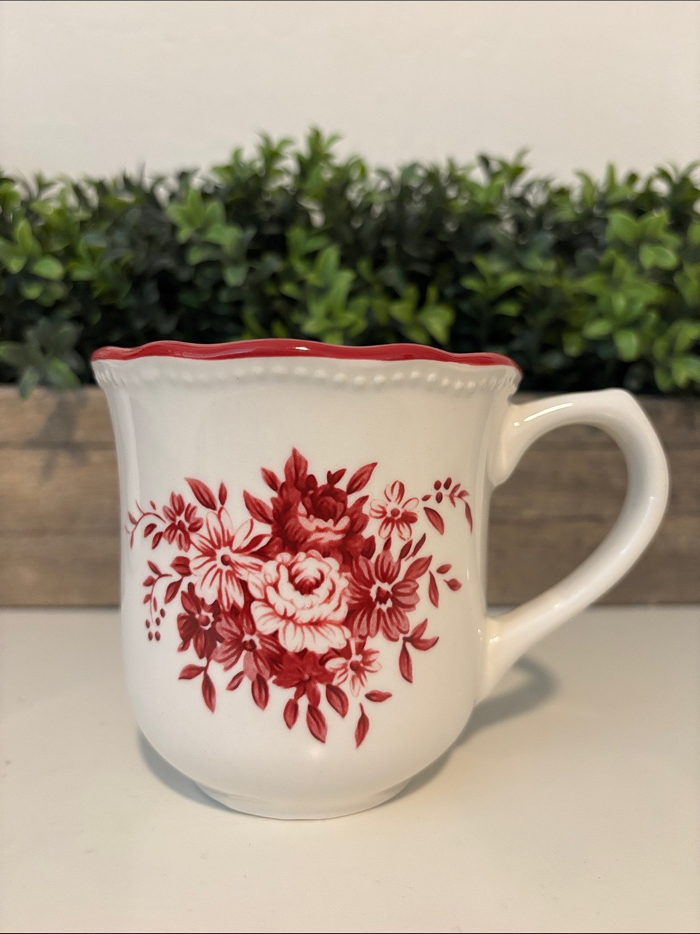 Cracker Barrel Stop On Red White Ceramic Mug with Red Floral Accent